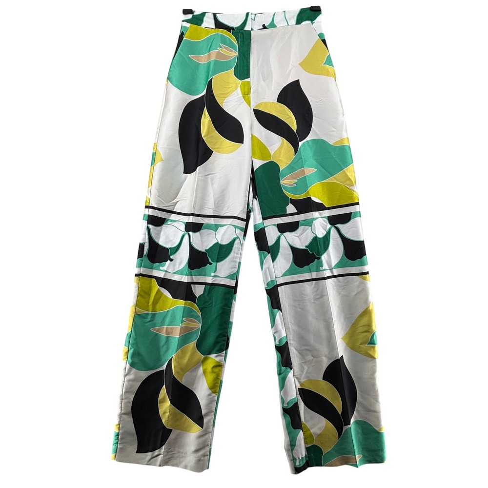 Zara Womens High Waisted Wide Leg Abstract Floral Satin Trousers Green Yellow S